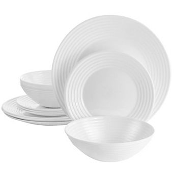 Gibson Ultra Patio 12 pc Tempered Opal Glass Dinnerware Set in White