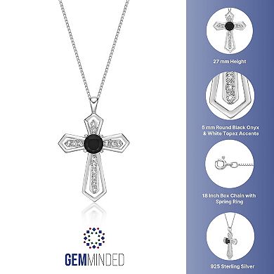 Gemminded Sterling Silver Black Onyx & White Topaz Cross Pendant Necklace