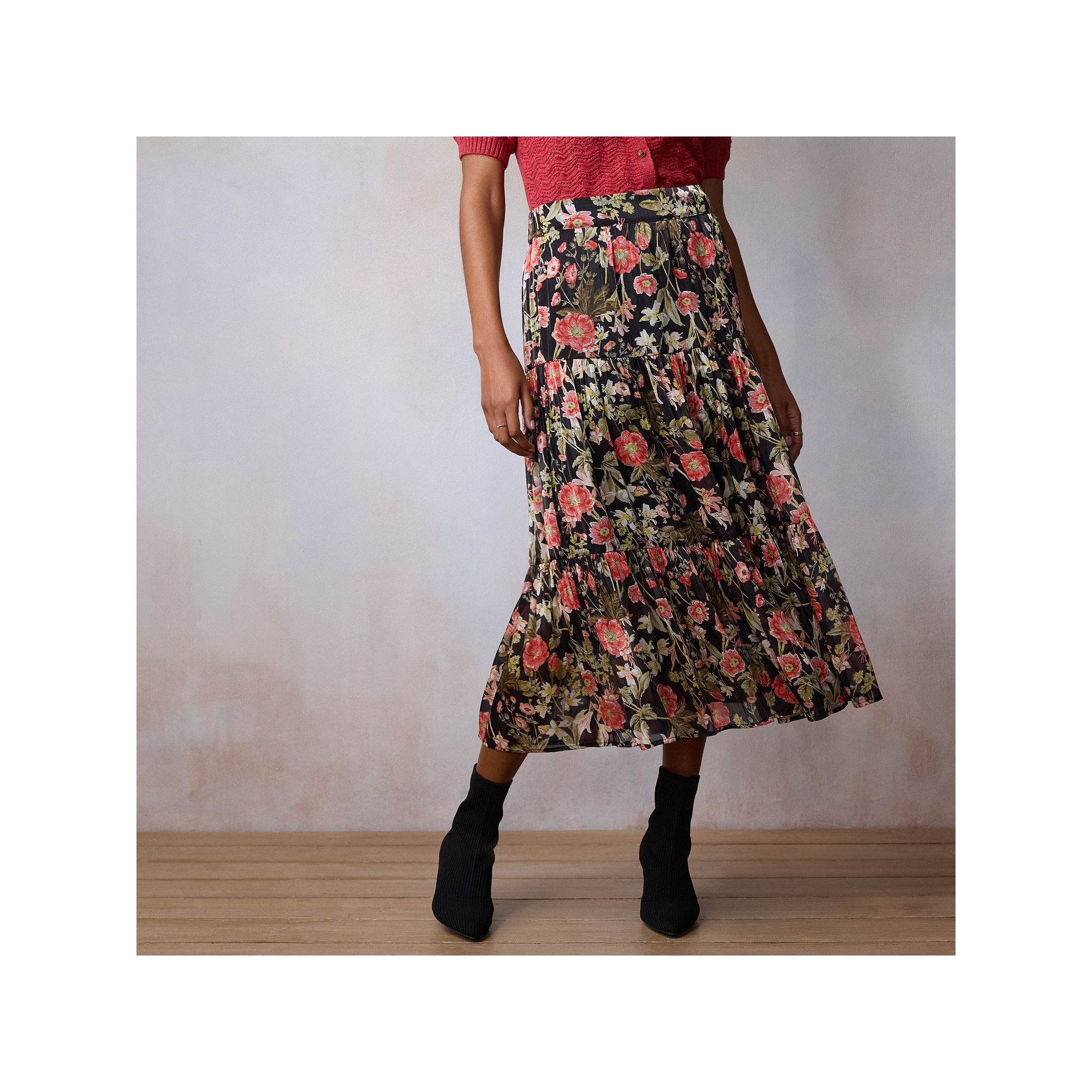 Womens LC Lauren Conrad Tiered Midi Skirt, Size: XS, Black Bryn Botanical