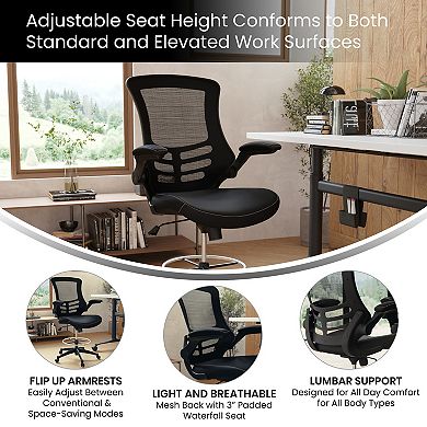 Emma and Oliver Mid-Back White Mesh Ergonomic Drafting Chair with Foot Ring and Flip-Up Arms