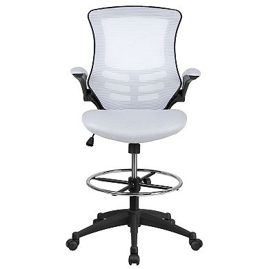 Emma and Oliver Mid-Back White Mesh Ergonomic Drafting Chair with Foot Ring and Flip-Up Arms