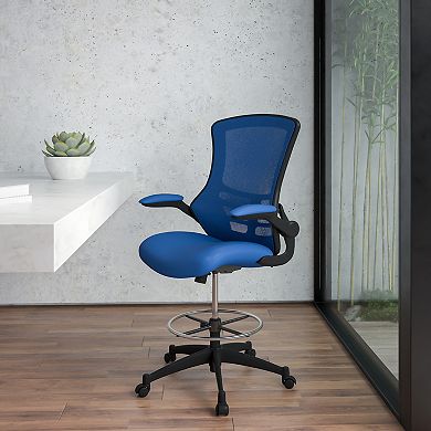 Emma and Oliver Mid-Back White Mesh Ergonomic Drafting Chair with Foot Ring and Flip-Up Arms