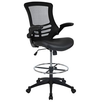 Emma and Oliver Mid-Back White Mesh Ergonomic Drafting Chair with Foot Ring and Flip-Up Arms