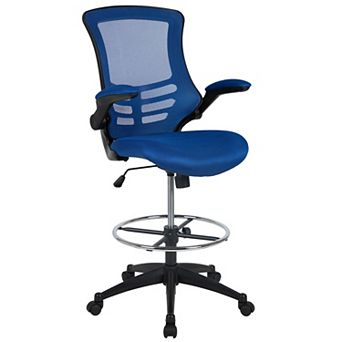 Emma and Oliver Mid-Back White Mesh Ergonomic Drafting Chair with Foot Ring and Flip-Up Arms