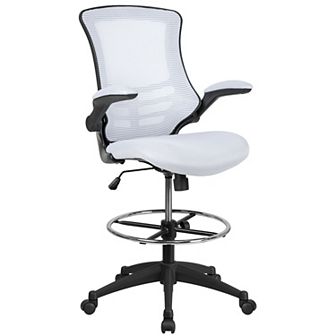 Emma and Oliver Mid-Back White Mesh Ergonomic Drafting Chair with Foot Ring and Flip-Up Arms