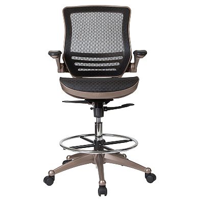 Emma and Oliver Mid-Back Transparent Black Mesh Drafting Chair with Black Frame and Flip-Up Arms