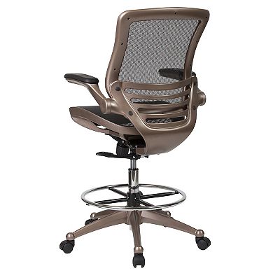 Emma and Oliver Gray Mid-Back Mesh Drafting Chair with White Frame and Flip-Up Arms