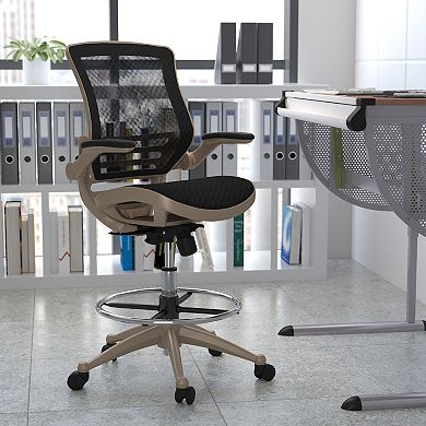 Emma and Oliver Gray Mid-Back Mesh Drafting Chair with White Frame and Flip-Up Arms