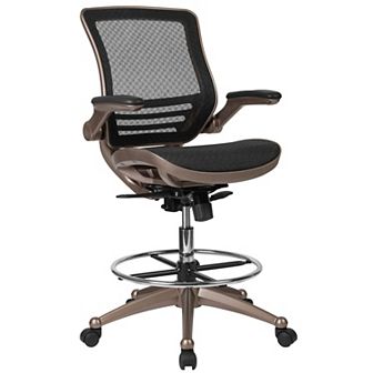Emma and Oliver Gray Mid-Back Mesh Drafting Chair with White Frame and Flip-Up Arms