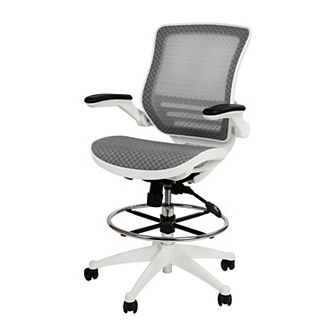 Emma and Oliver Gray Mid-Back Mesh Drafting Chair with White Frame and Flip-Up Arms