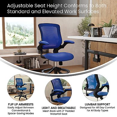 Emma and Oliver Mid-Back Dark Gray Mesh Ergonomic Drafting Chair with Foot Ring and Flip-Up Arms