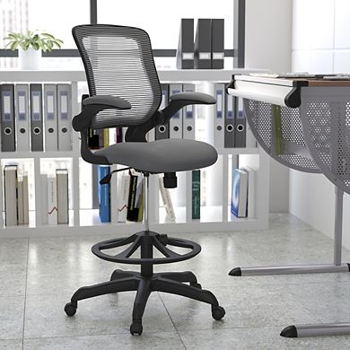 Emma and Oliver Mid-Back Dark Gray Mesh Ergonomic Drafting Chair with Foot Ring and Flip-Up Arms