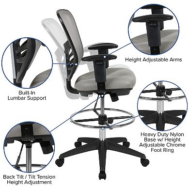 Emma and Oliver Mid-Back Black Mesh/White Frame Adjustable Ergonomic Drafting Chair, Task Chair