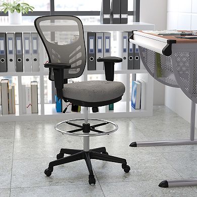 Emma and Oliver Mid-Back Black Mesh/White Frame Adjustable Ergonomic Drafting Chair, Task Chair