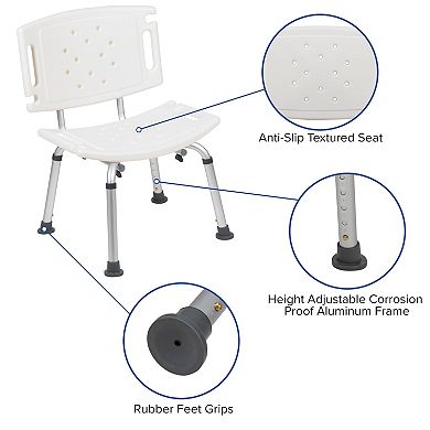 Emma and Oliver Tool-Free 300 Lb. Capacity, Adjustable White Bath & Shower Chair with Large Back
