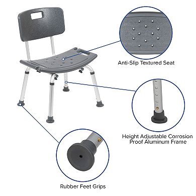 Emma and Oliver Tool-Free 300 Lb. Capacity, Adjustable Gray Bath & Shower Chair with Back
