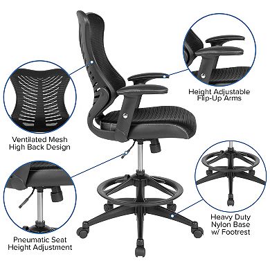 Emma and Oliver High Back Designer Black Mesh/LeatherSoft Sides Drafting Chair - Arms