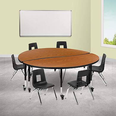 Emma and Oliver Mobile 60" Circle Wave Activity Table Set-12" Student Stack Chairs, Oak/Black