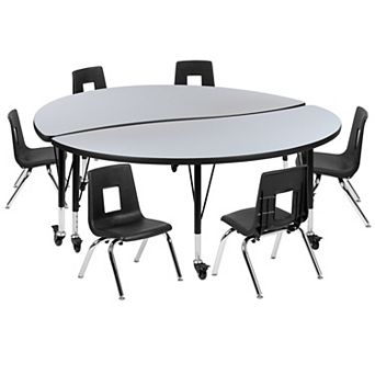 Emma and Oliver Mobile 60" Circle Wave Activity Table Set-12" Student Stack Chairs, Oak/Black