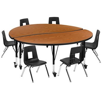 Emma and Oliver Mobile 60" Circle Wave Activity Table Set-12" Student Stack Chairs, Oak/Black