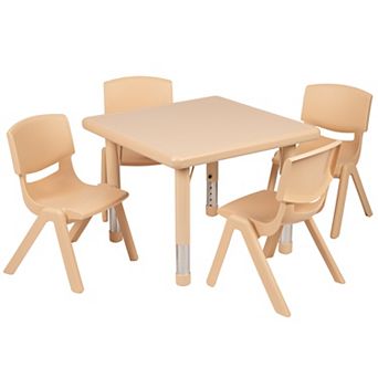 Emma and Oliver 24" Square Natural Plastic Height Adjustable Activity Table Set with 4 Chairs