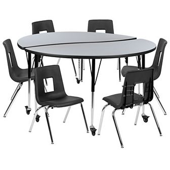 Emma and Oliver Mobile 60" Circle Wave Activity Table Set-16" Student Stack Chairs, Oak/Black