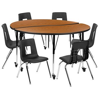 Emma and Oliver Mobile 60" Circle Wave Activity Table Set-16" Student Stack Chairs, Oak/Black
