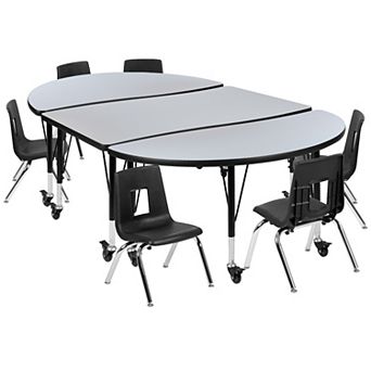 Emma and Oliver Mobile 76" Oval Wave Activity Table Set-14" Student Stack Chairs, Oak/Black