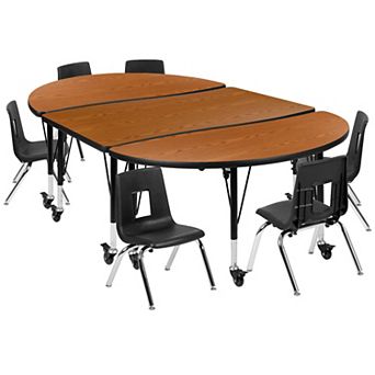 Emma and Oliver Mobile 76" Oval Wave Activity Table Set-14" Student Stack Chairs, Oak/Black