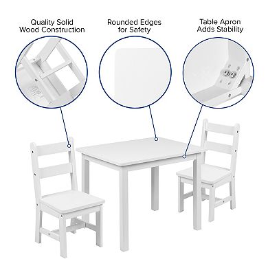 Emma and Oliver Kids 3 Piece Solid Hardwood Table and Chair Set for Playroom, Kitchen - White