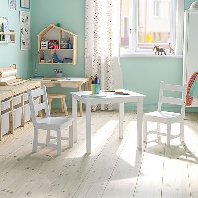 Emma and Oliver Kids 3 Piece Solid Hardwood Table and Chair Set for Playroom, Kitchen - White