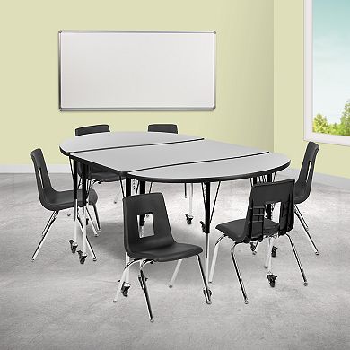 Emma and Oliver Mobile 76" Oval Wave Activity Table Set-16" Student Stack Chairs, Grey/Black