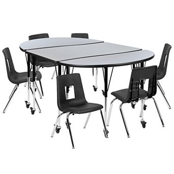 Emma and Oliver Mobile 76" Oval Wave Activity Table Set-16" Student Stack Chairs, Oak/Black