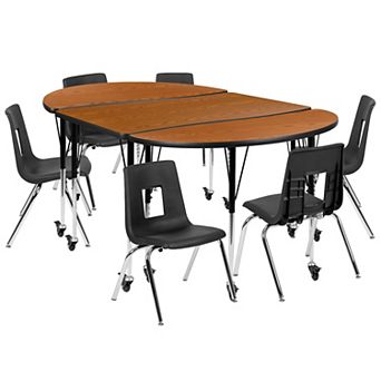 Emma and Oliver Mobile 76" Oval Wave Activity Table Set-16" Student Stack Chairs, Oak/Black