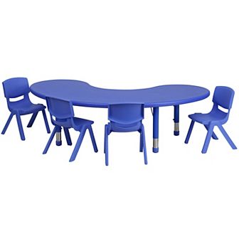 Emma and Oliver 35"W x 65"L Half-Moon Red Plastic Activity Table Set-4 Chairs