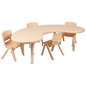 Emma and Oliver 35"W x 65"L Half-Moon Red Plastic Activity Table Set-4 Chairs