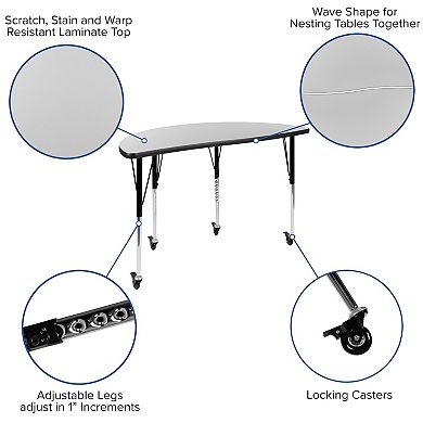 Emma and Oliver Mobile 47.5" Circle Wave Activity Table Set-16" Student Stack Chairs, Grey/Black