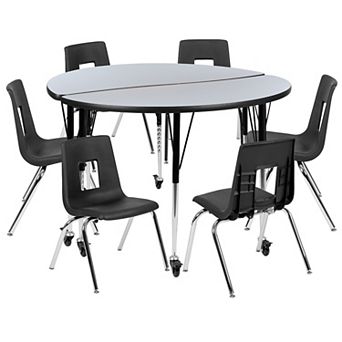 Emma and Oliver Mobile 47.5" Circle Wave Activity Table Set-16" Student Stack Chairs, Grey/Black