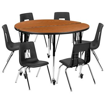 Emma and Oliver Mobile 47.5" Circle Wave Activity Table Set-16" Student Stack Chairs, Grey/Black