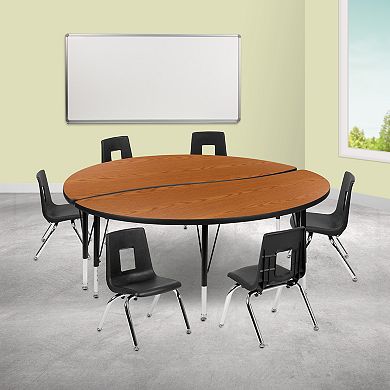 Emma and Oliver 60" Circle Wave Activity Table Set with 12" Student Stack Chairs, Oak/Black
