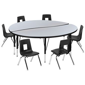 Emma and Oliver 60" Circle Wave Activity Table Set with 12" Student Stack Chairs, Oak/Black