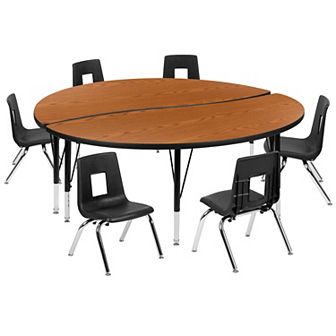 Emma and Oliver 60" Circle Wave Activity Table Set with 12" Student Stack Chairs, Oak/Black
