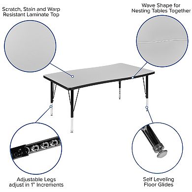 Emma and Oliver 76" Oval Wave Activity Table Set with 14" Student Stack Chairs, Oak/Black