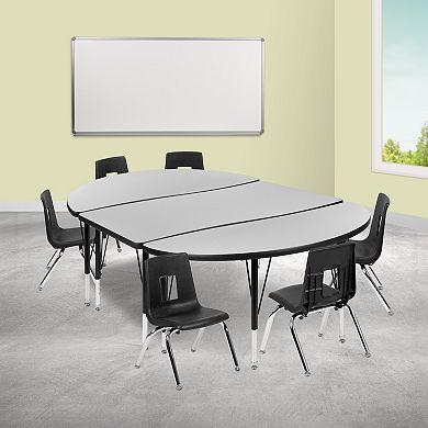 Emma and Oliver 76" Oval Wave Activity Table Set with 14" Student Stack Chairs, Oak/Black