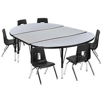 Emma and Oliver 76" Oval Wave Activity Table Set with 14" Student Stack Chairs, Oak/Black