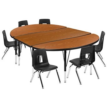 Emma and Oliver 76" Oval Wave Activity Table Set with 14" Student Stack Chairs, Oak/Black