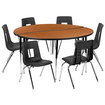 Emma and Oliver 60" Circle Wave Activity Table Set with 16" Student Stack Chairs, Grey/Black
