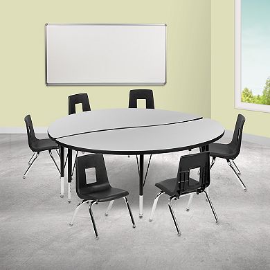 Emma and Oliver 60" Circle Wave Activity Table Set with 14" Student Stack Chairs, Oak/Black
