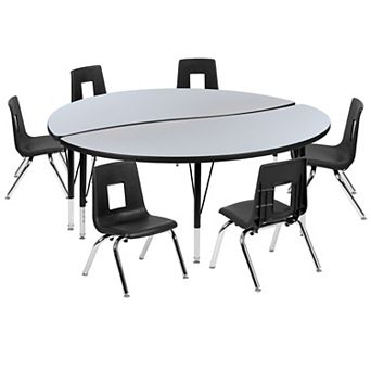 Emma and Oliver 60" Circle Wave Activity Table Set with 14" Student Stack Chairs, Oak/Black