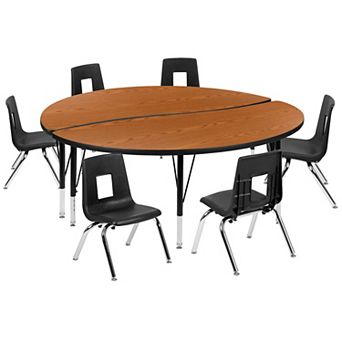 Emma and Oliver 60" Circle Wave Activity Table Set with 14" Student Stack Chairs, Oak/Black